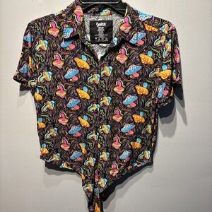 Spencer's Cropped Black Neon Trippy Mushrooms Button Down Shirt Ties Retro SzS